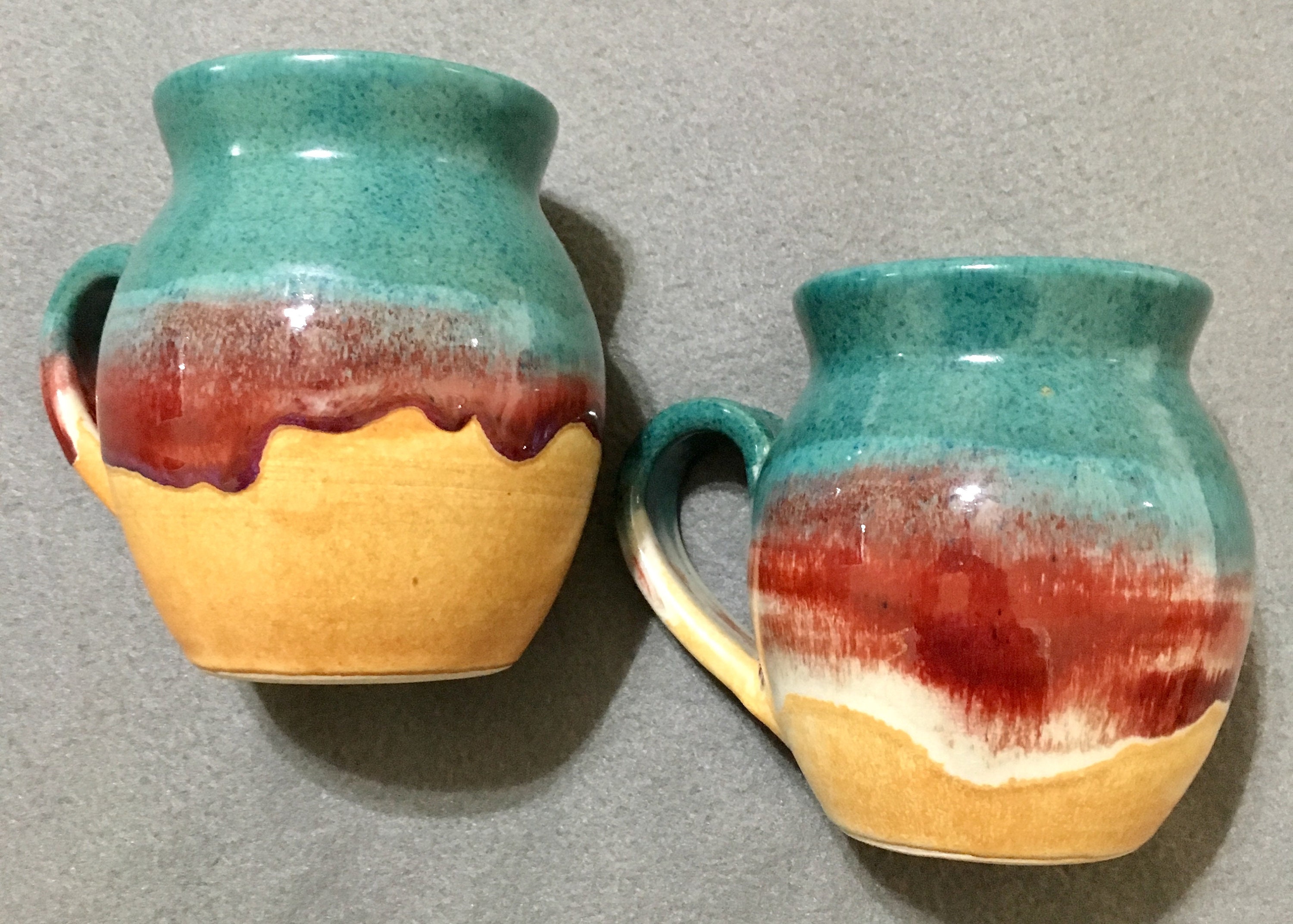 McQeeney Pottery Drip Glaze Coffee Mugs by Walt Glass