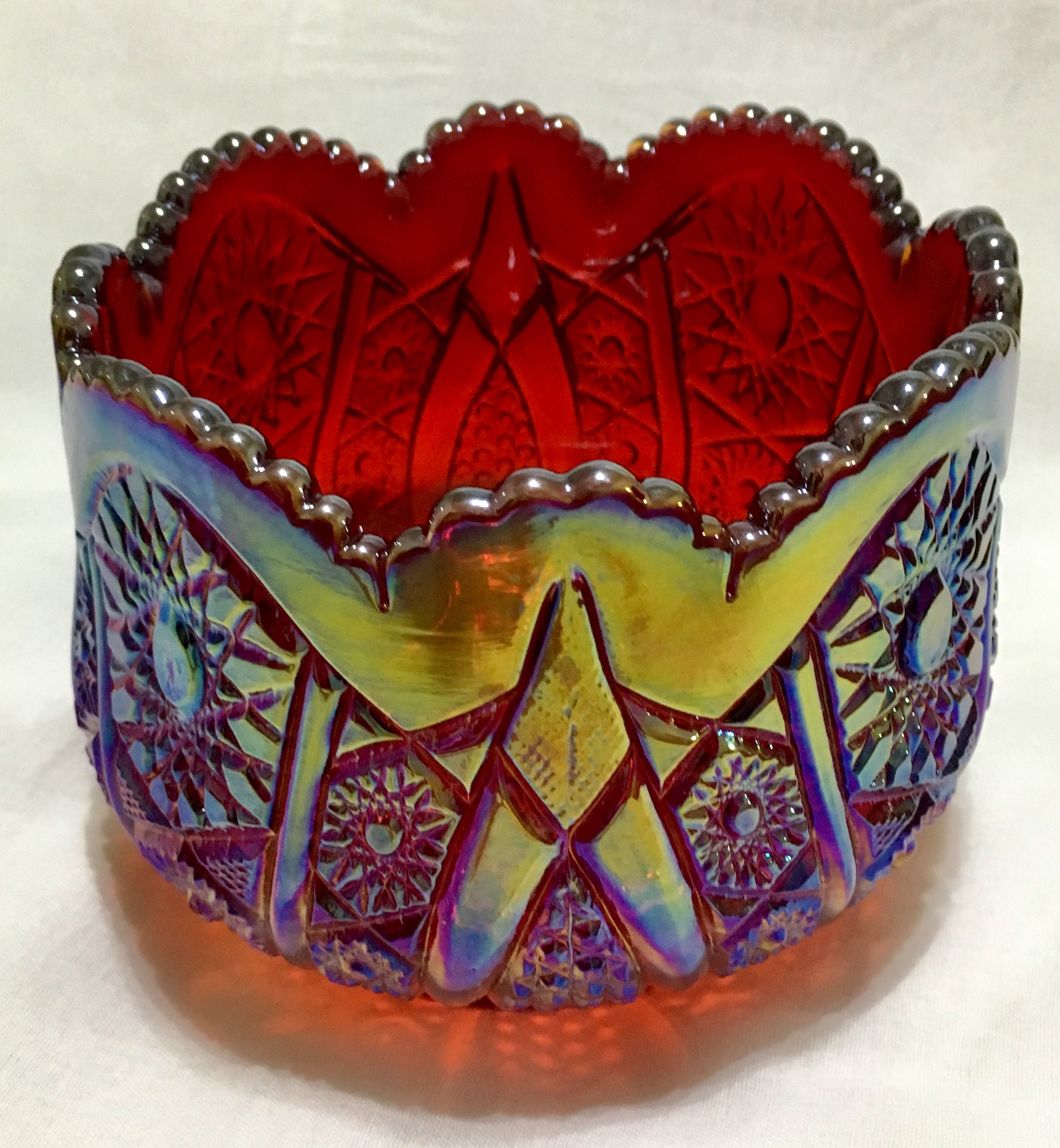 Vintage Indiana Glass Red Sunset Carnival Glass Heirloom Bowl Hobstar