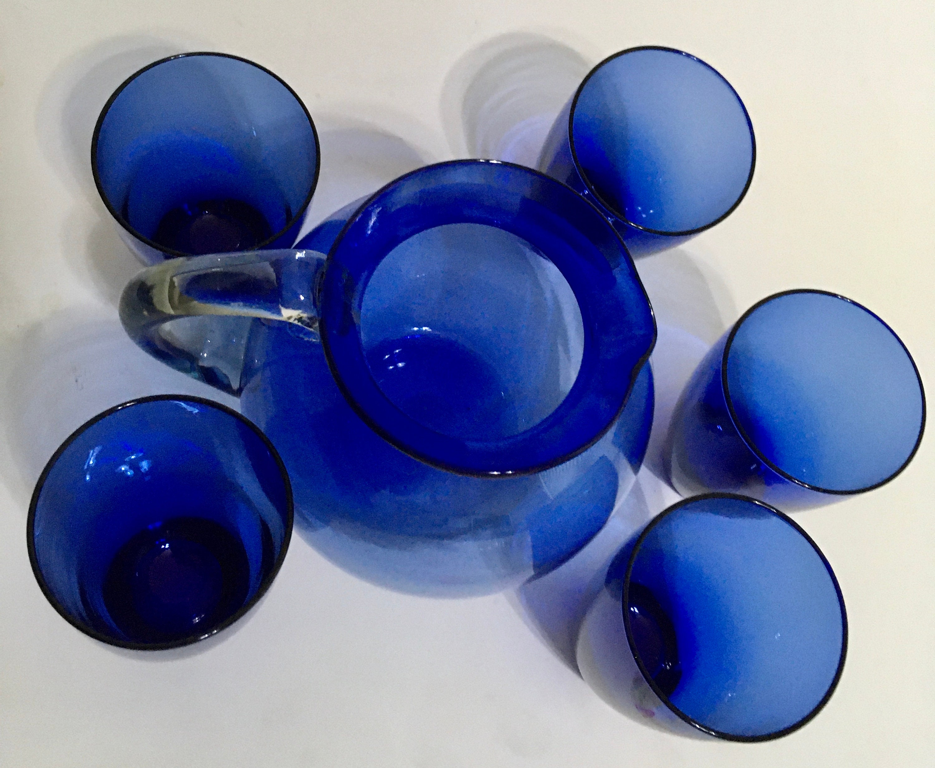 Vintage Cobalt Blue Glass Pitcher and 5 Glasses