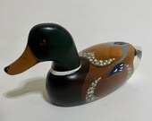Vintage Hand Painted Carved Wood Mallard Duck with Glass Eyes