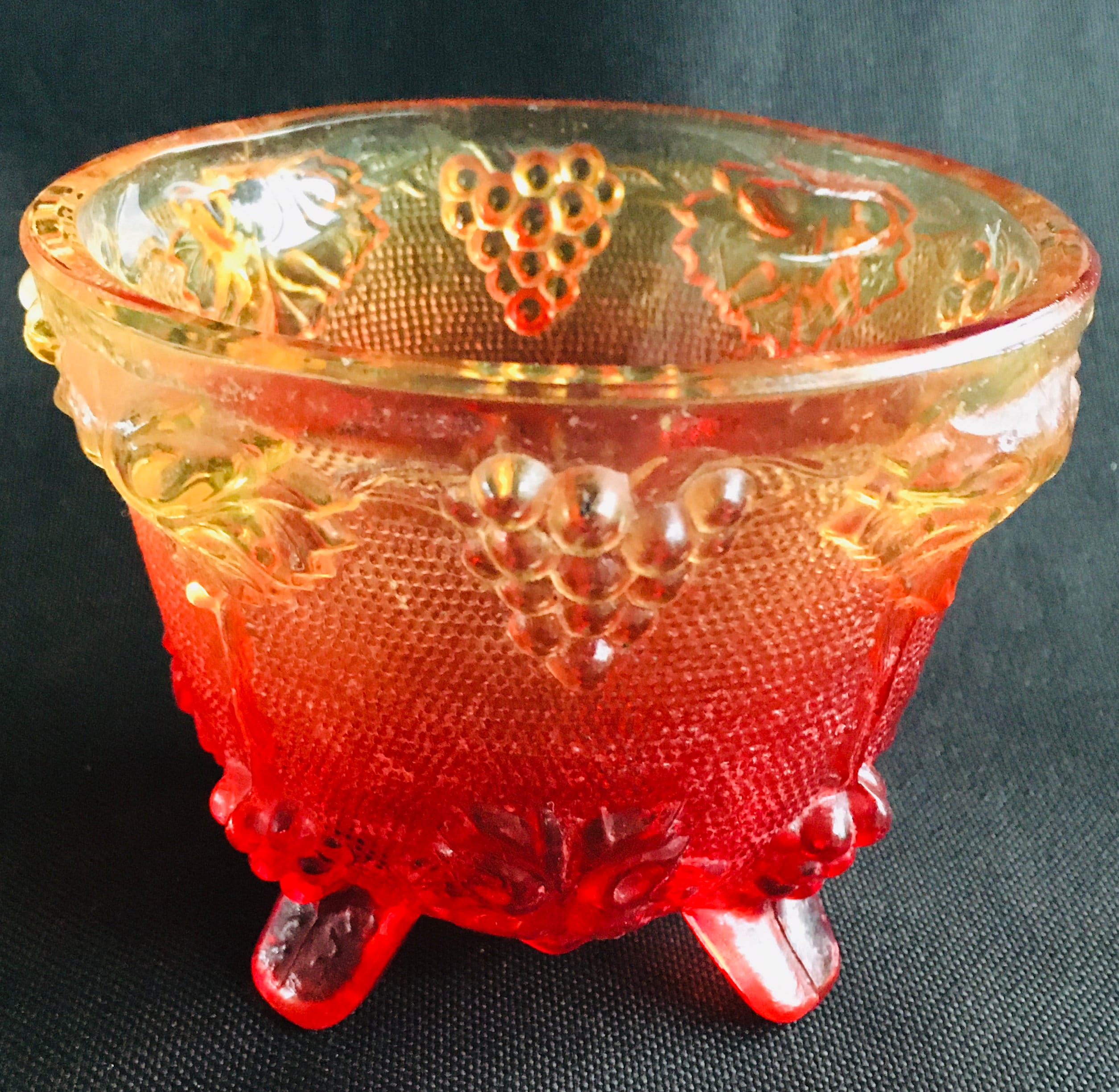 Amberina Carnival Glass Footed Candy Bowl Grape and Leaf Pattern