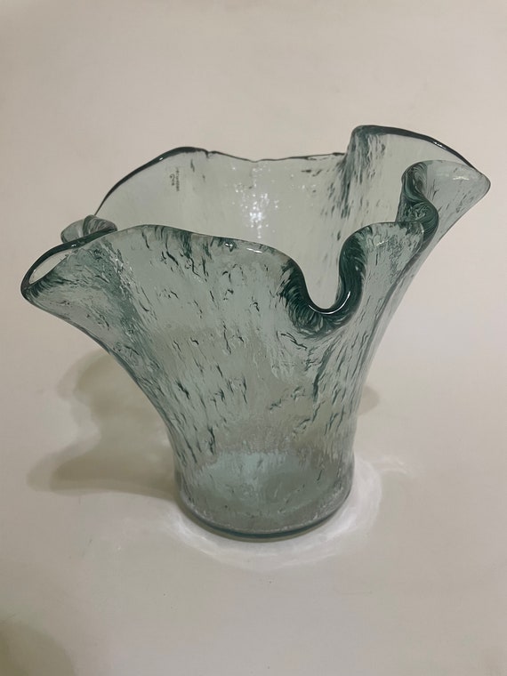 Vintage Roccia Art Glass Vase Very Large Aqua Tint  Textured Glass Made by Golden Glass
