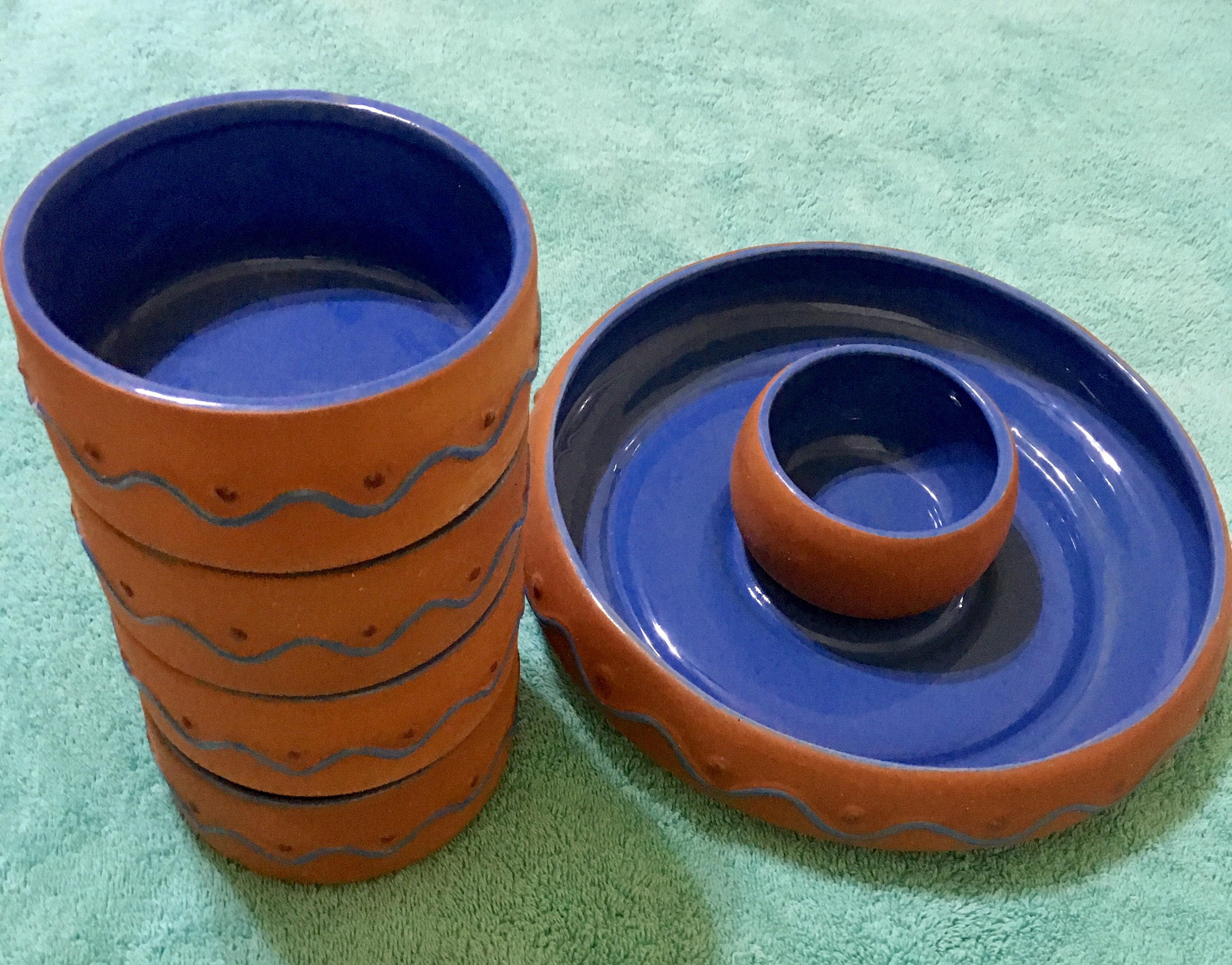 Blue and Terra Cotta Salsa and Dip Server with Four Matching Bowls