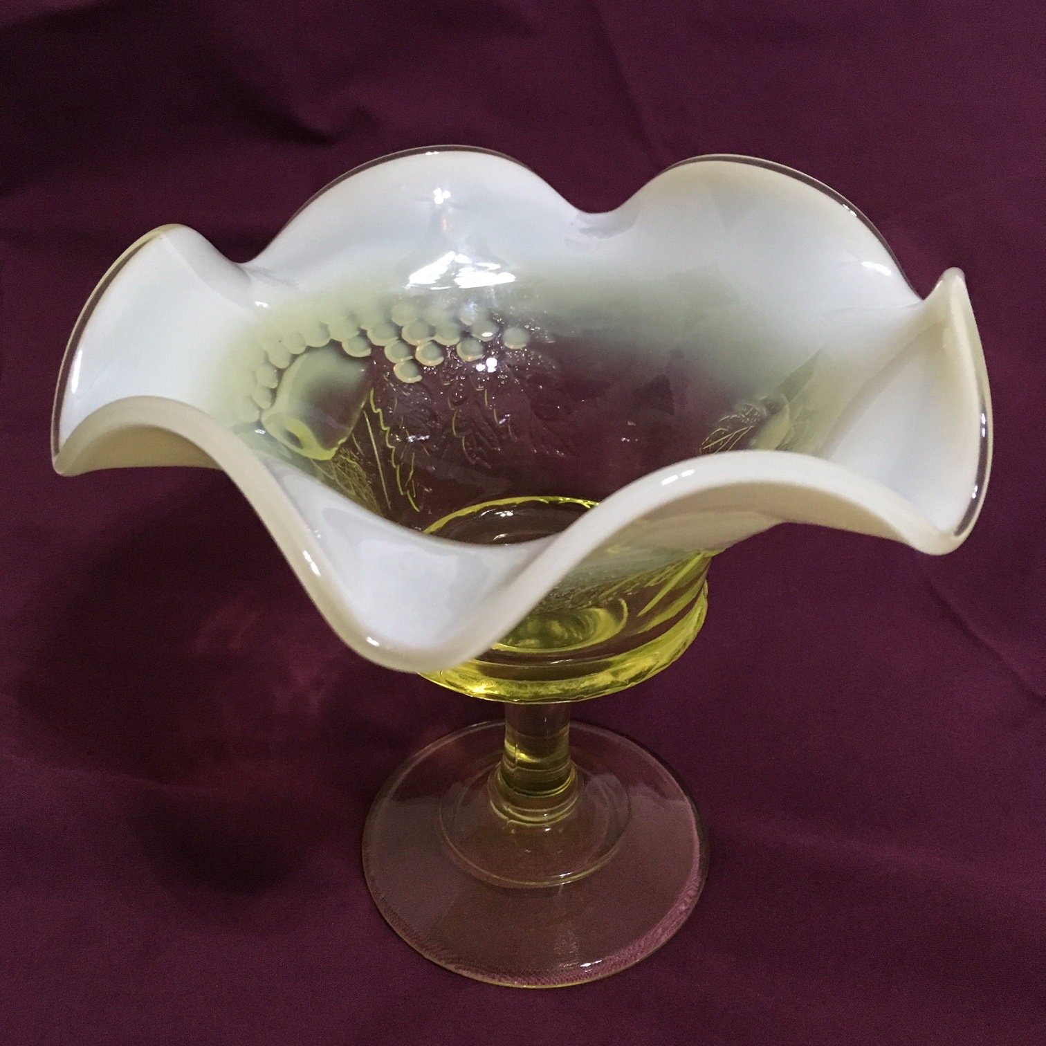 Fenton Art Glass Vaseline Glass Compote, from L G Wright Strawberry and