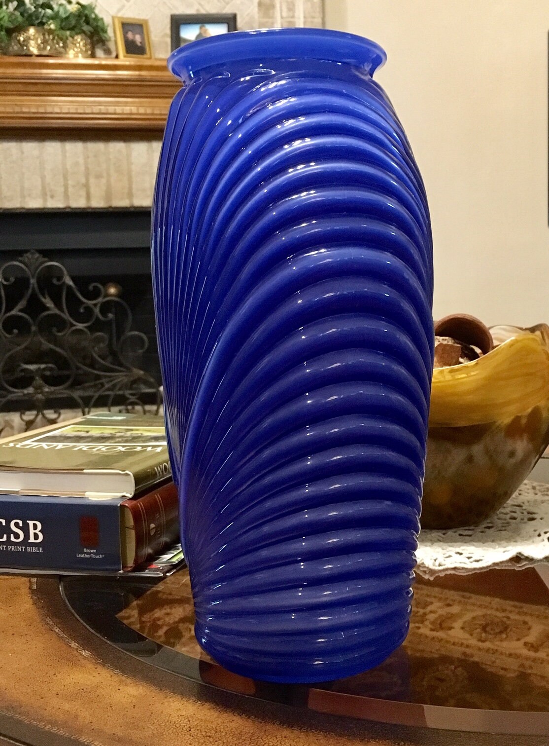 Glass Art Deco Vase with Ribbed/Pleated Drape Design 1930's, Royal Blue Color