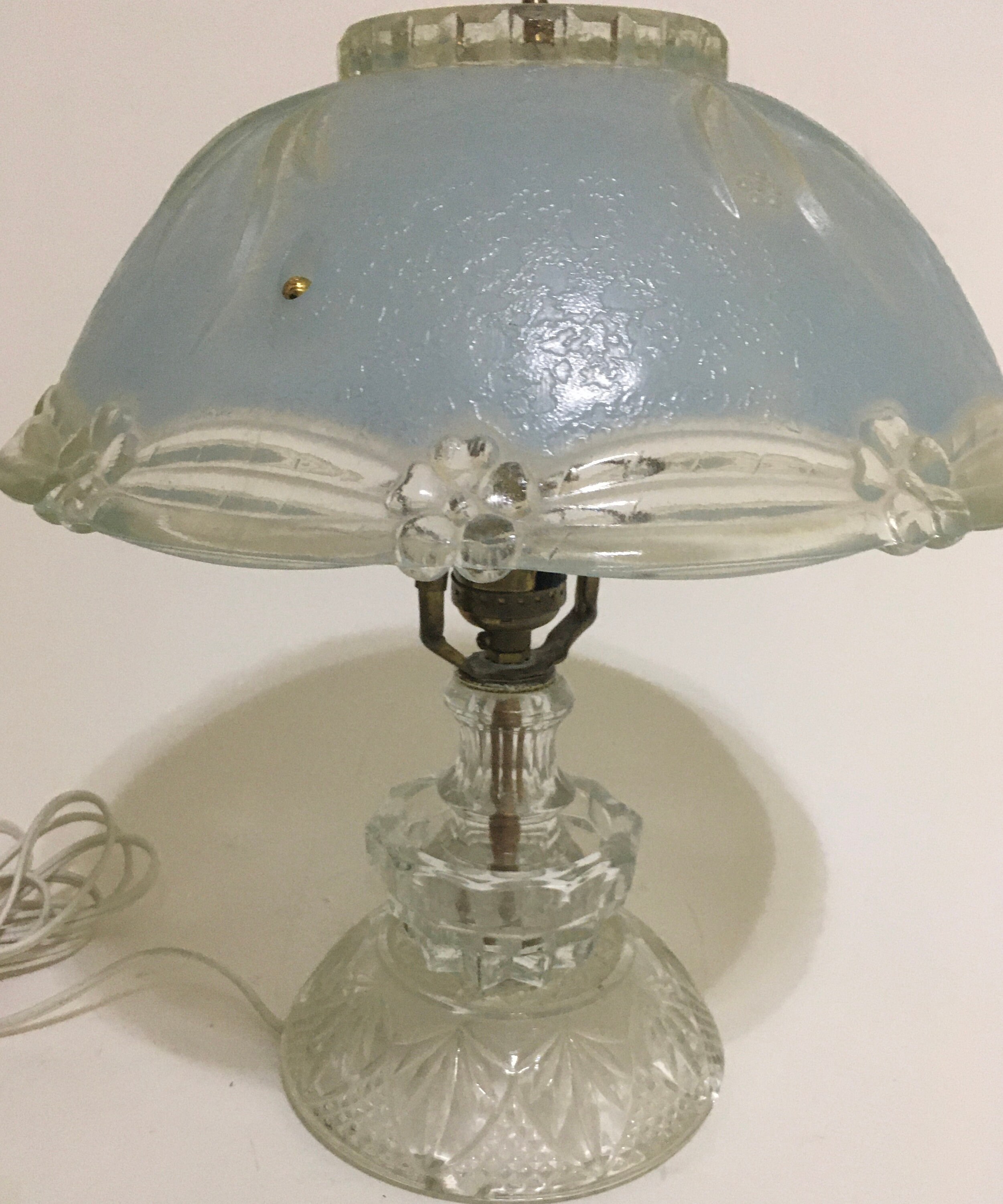 Vintage Lamp with Pastel Light Blue Glass Shade and Clear Glass Base