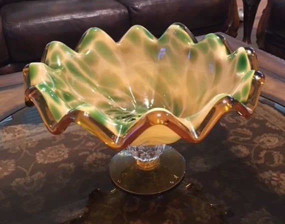 Vintage  Green Swirl Spatter Italian Art Glass Bowl, Centerpiece, Footed Ruffled Edge, Murano Style