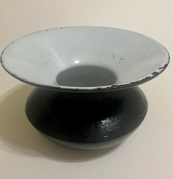Antique Cast Iron Cuspidor  White and Black Enamel