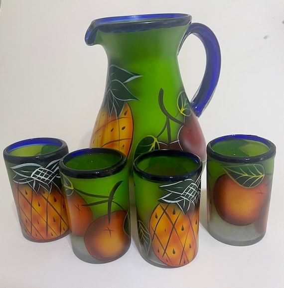 VINTAGE MEXICAN BLOWN HAND PAINTED MIXED FRUIT GLASS PITCHER & 4 GLASSES SET
