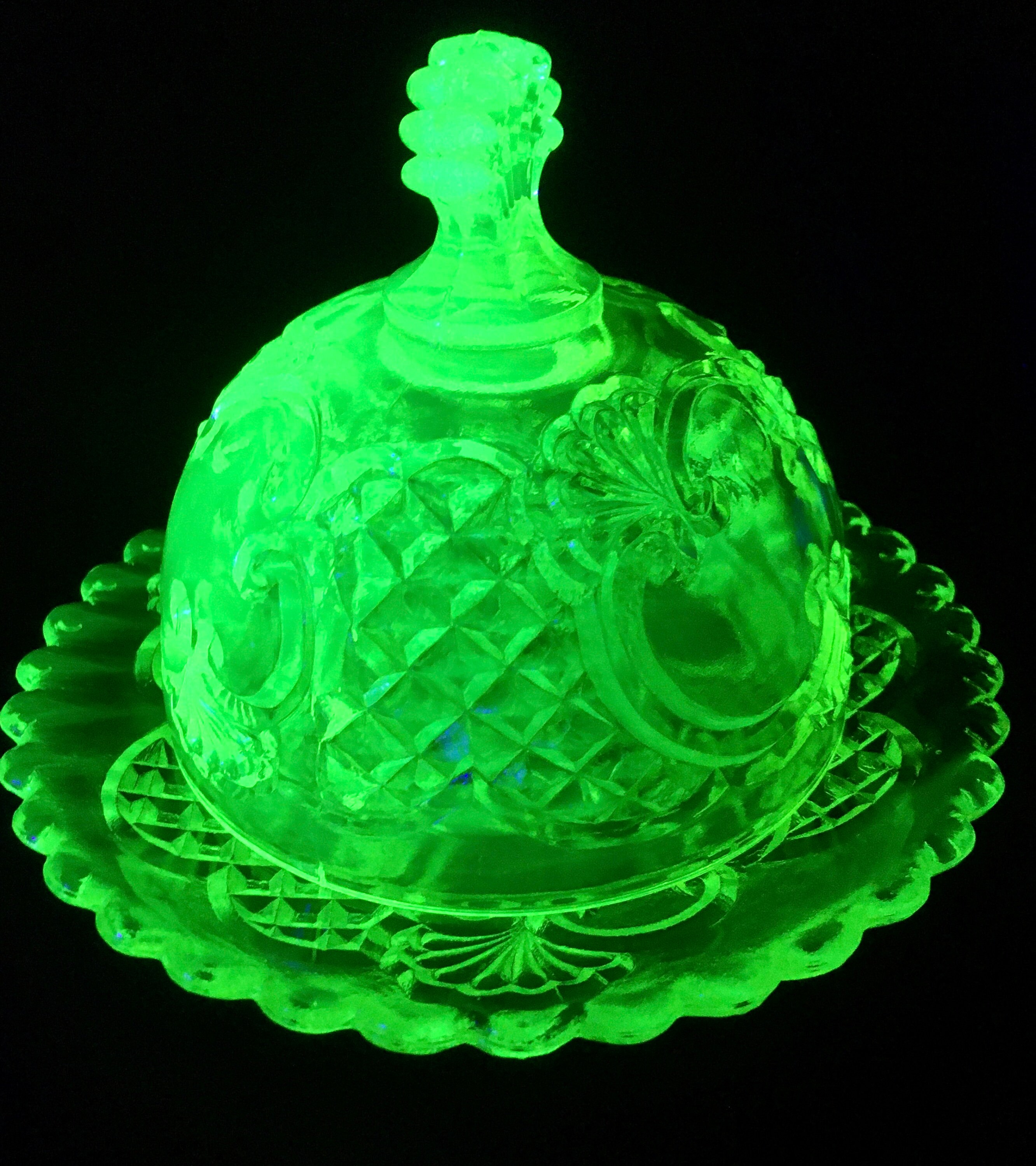 Vintage Vaseline Glass Round Butter Dish Croesus Design