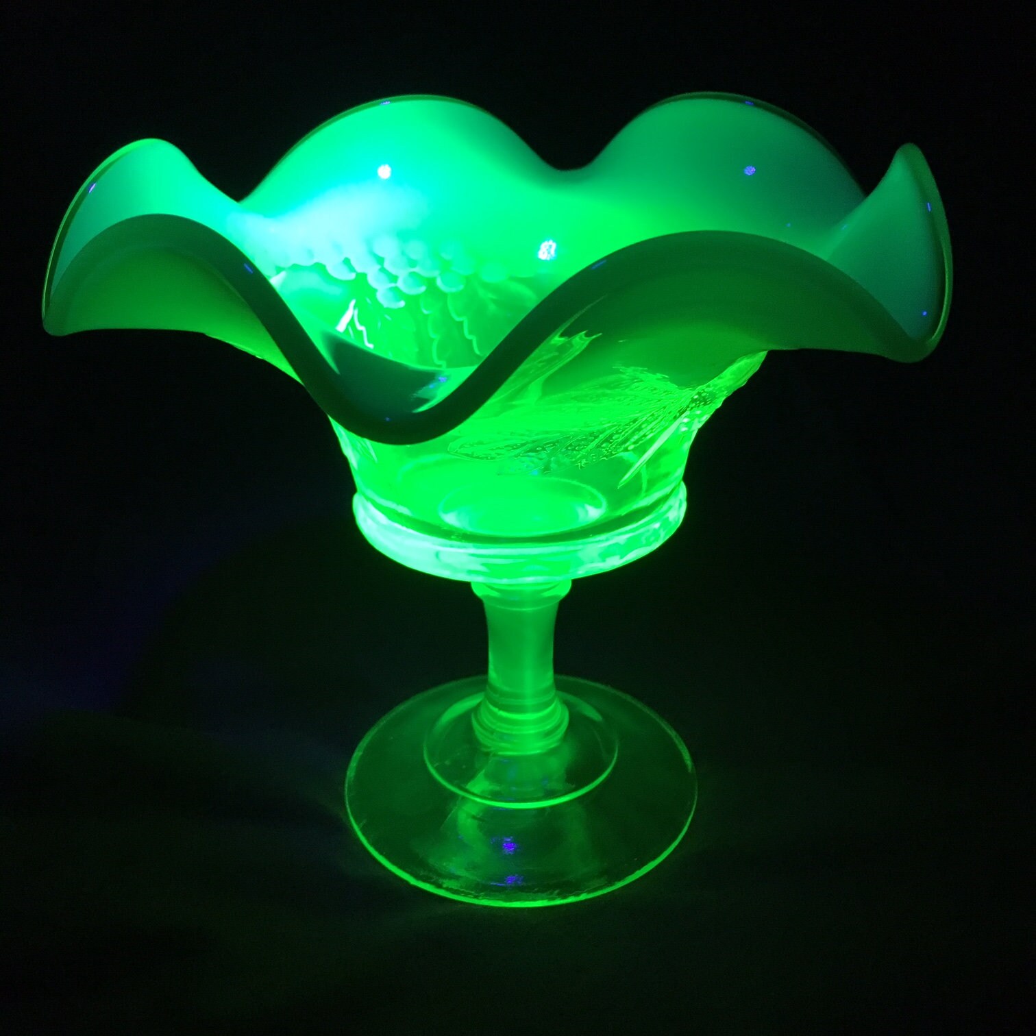 Fenton Art Glass Vaseline Glass Compote, from L G Wright Strawberry and