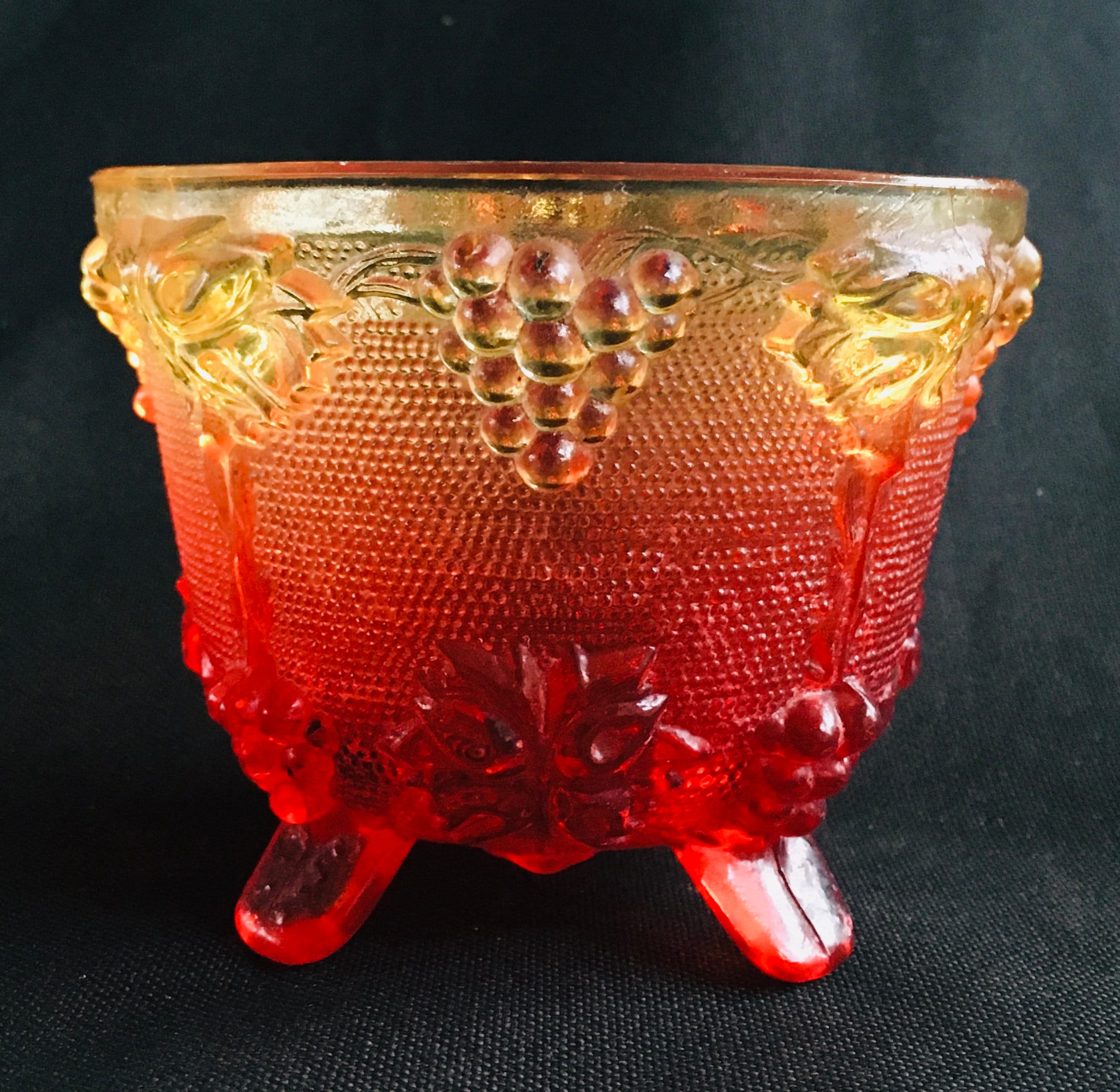 Amberina Carnival Glass Footed Candy Bowl Grape and Leaf Pattern