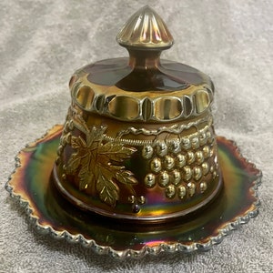Northwood Grape and Cable Carnival Glass Amethyst Butter Dish