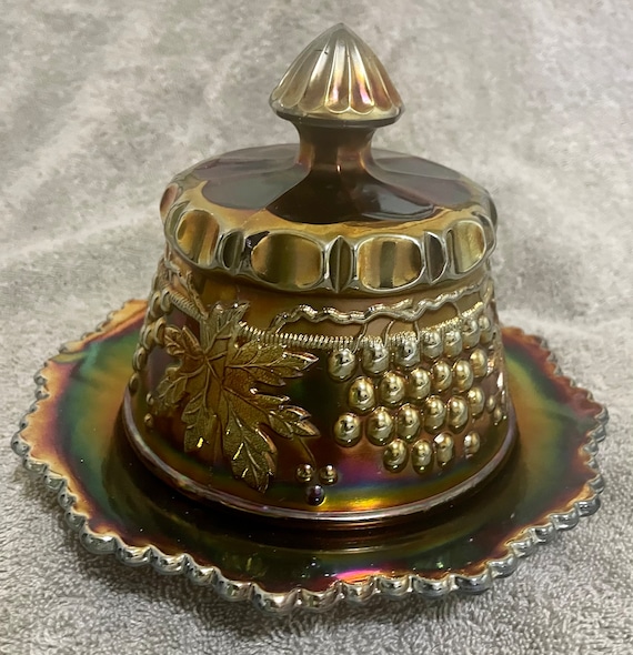 Northwood Grape and Cable Carnival Glass Amethyst Butter Dish