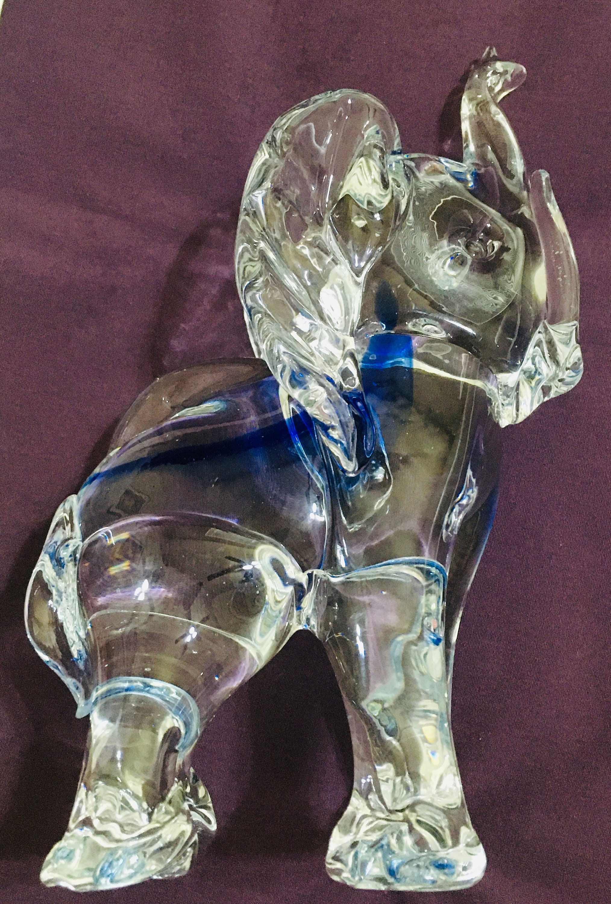 Glass Infant Elephant Figurine Clear with Cobalt Blue Inside Tall at 8 1/2
