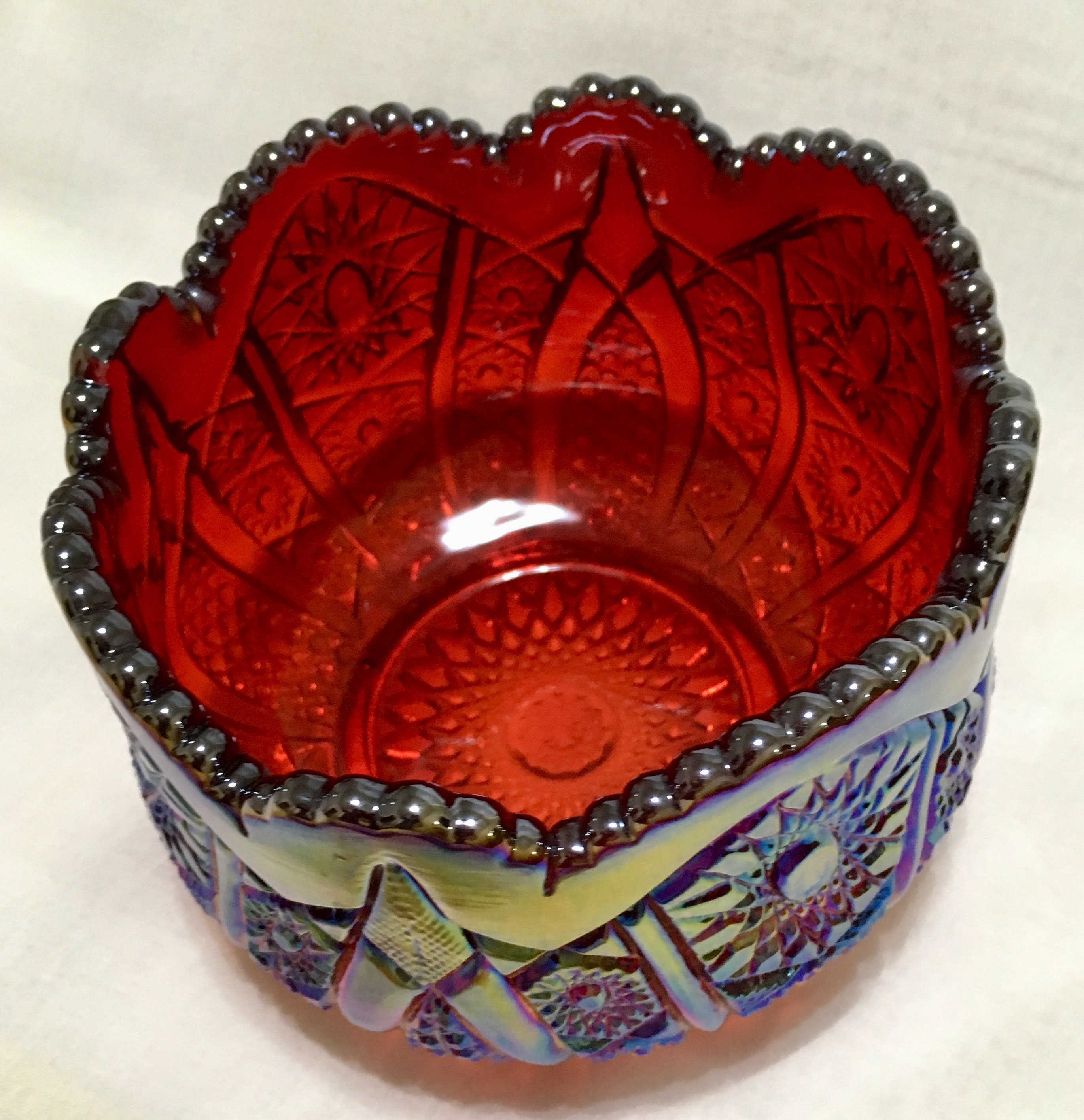 Vintage Indiana Glass Red Sunset Carnival Glass Heirloom Bowl Hobstar