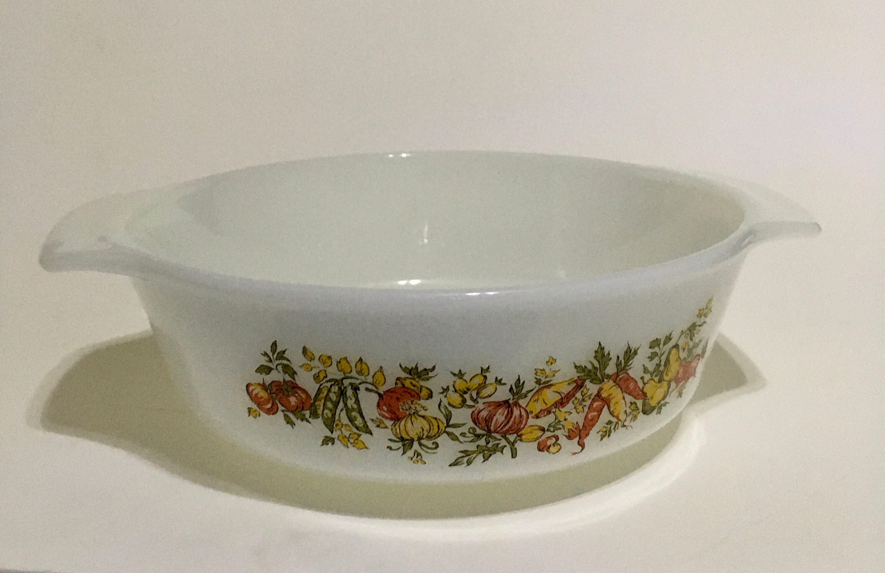 Anchor Hocking Harvest Vegetable Pattern Milk Glass Round Casserole