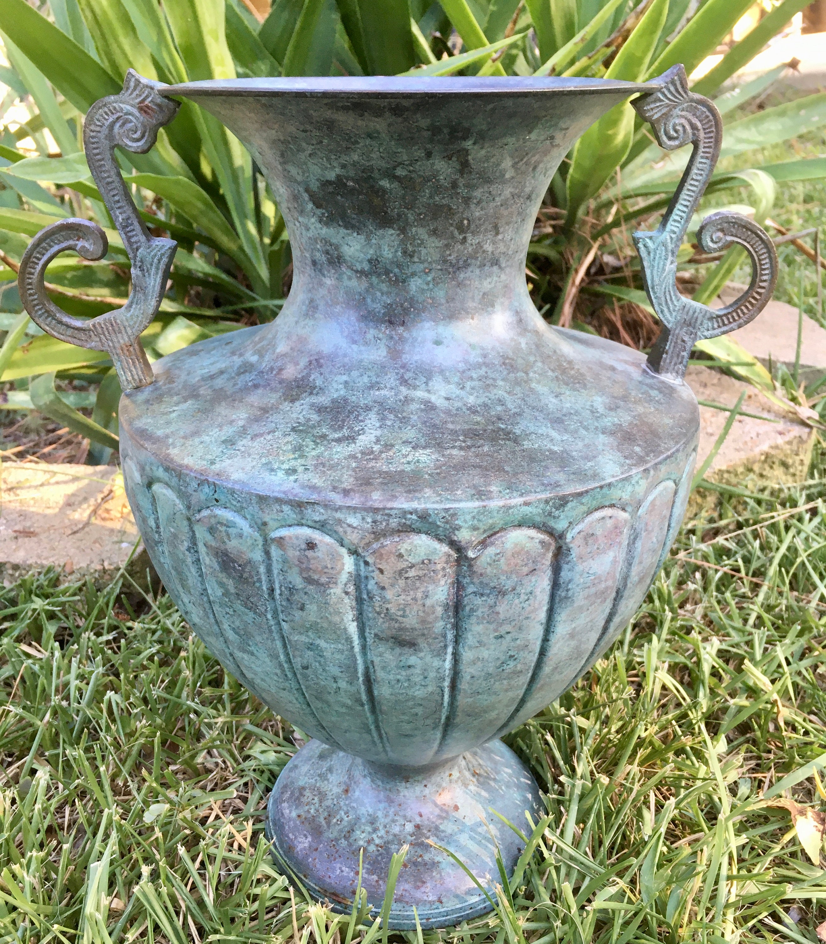 Vintage Rustic Metal VaseUrnSpittoon with Copper Patina Color 12.75 Tall
