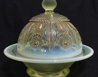 Northwood Jewel And Flower Canary Yellow Vaseline Glass Butter Dish 1905