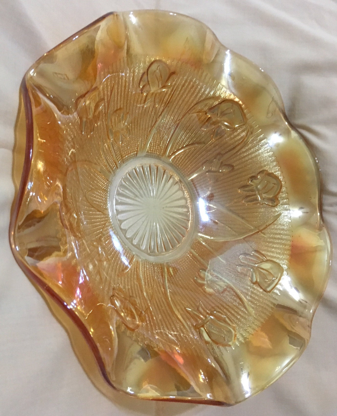 Carnival Glass Marigold Iris pattern Bowl, Scalloped Edge