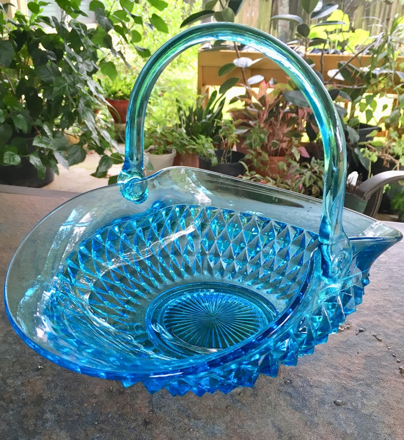 Indiana Glass Tiara Diamond Cut Aqua Blue Large Basket Etsy