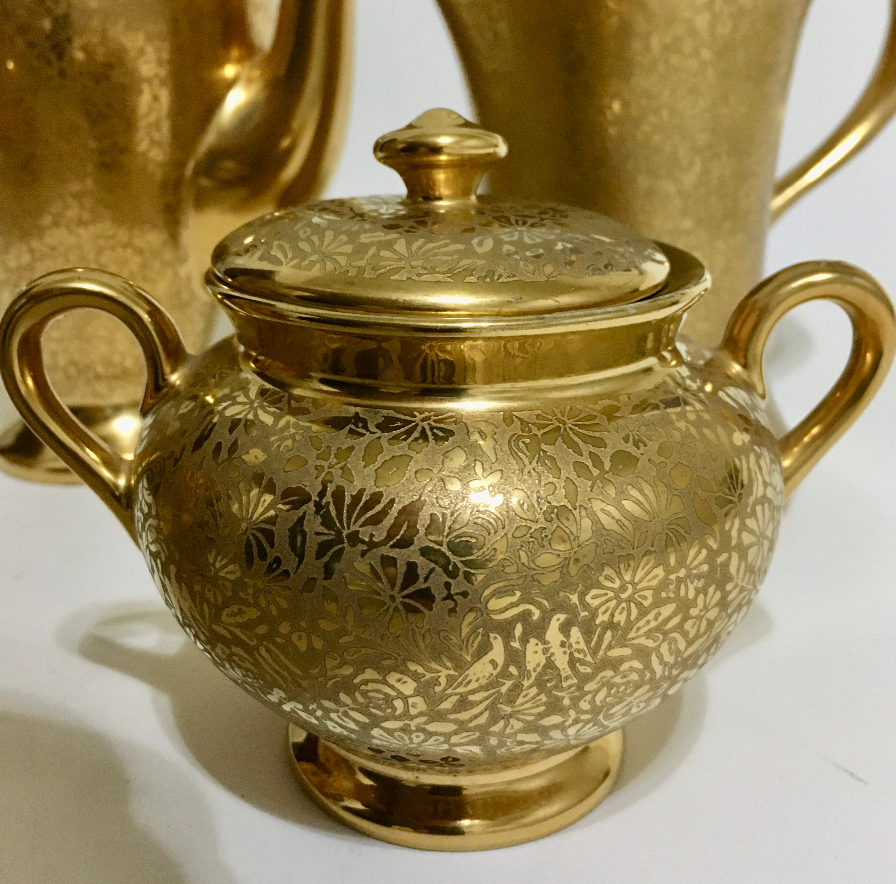 Wheeling Gold China Cream Sugar Coffee Pot and Pitcher Set Wheeling