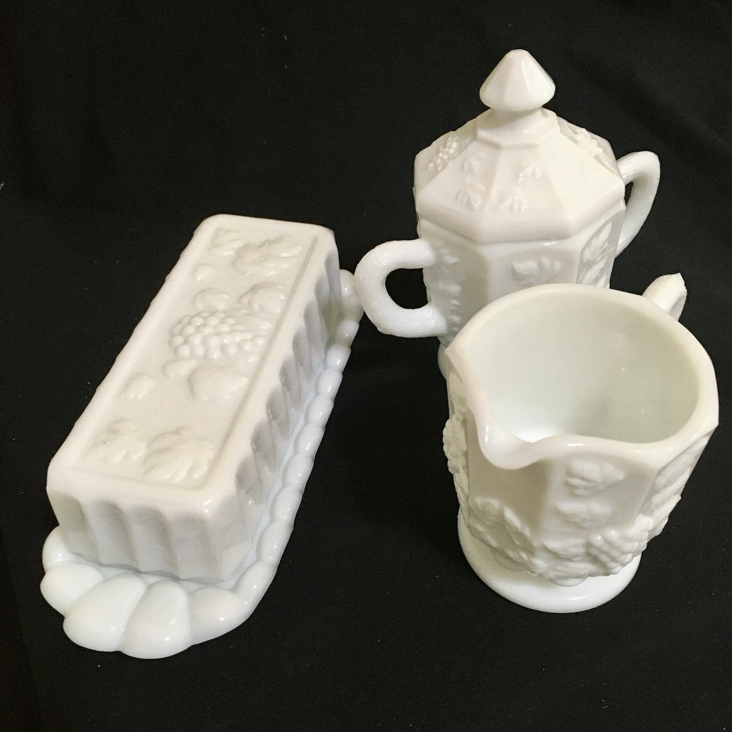 Westmoreland Milk Glass Paneled Grape Pattern Butter Dish Creamer with