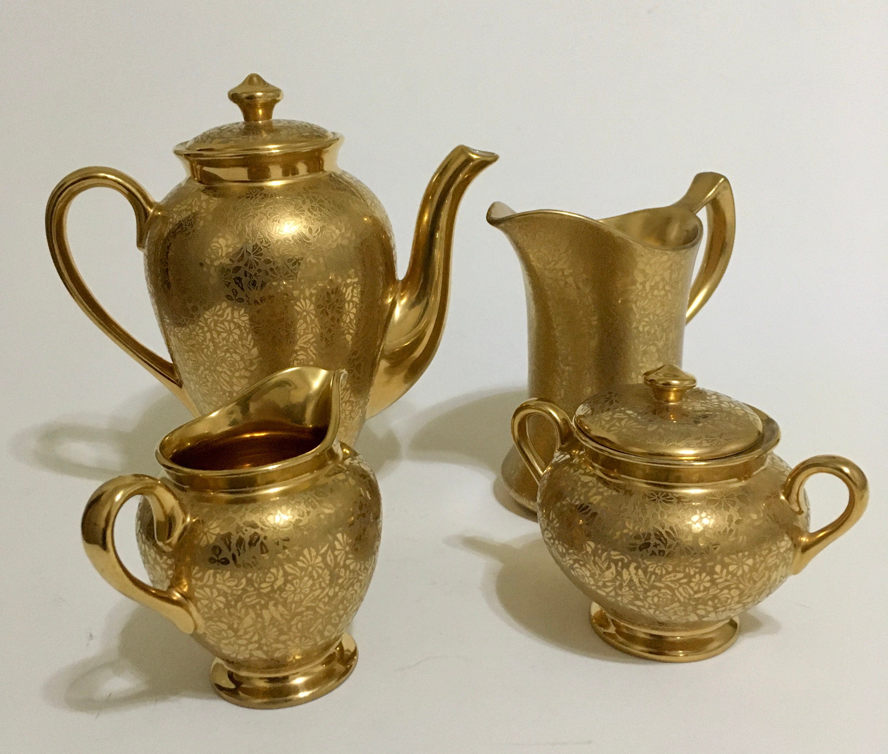 Wheeling Gold China Cream Sugar Coffee Pot and Pitcher Set Wheeling