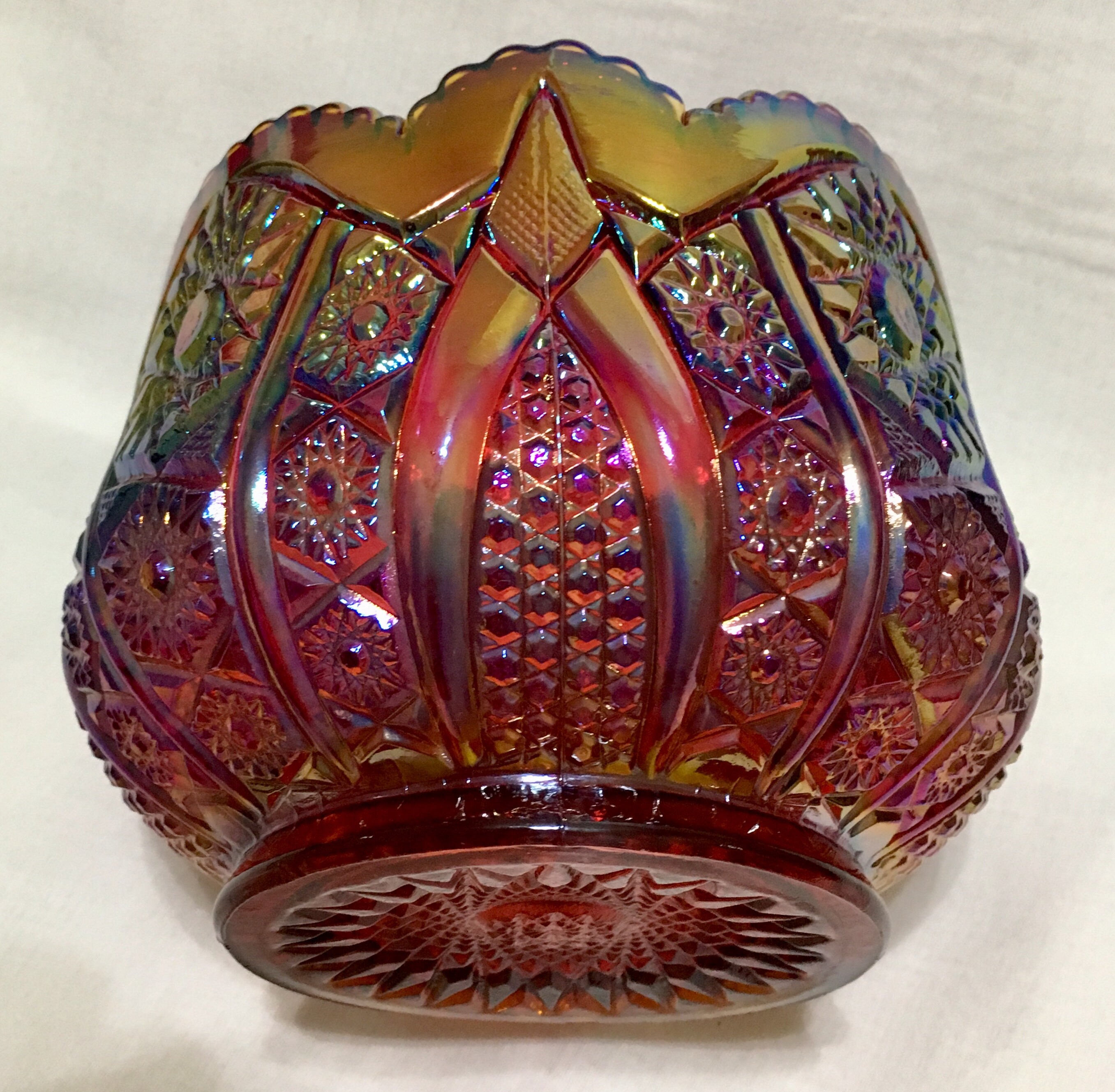 Vintage Indiana Glass Red Sunset Carnival Glass Heirloom Bowl Hobstar