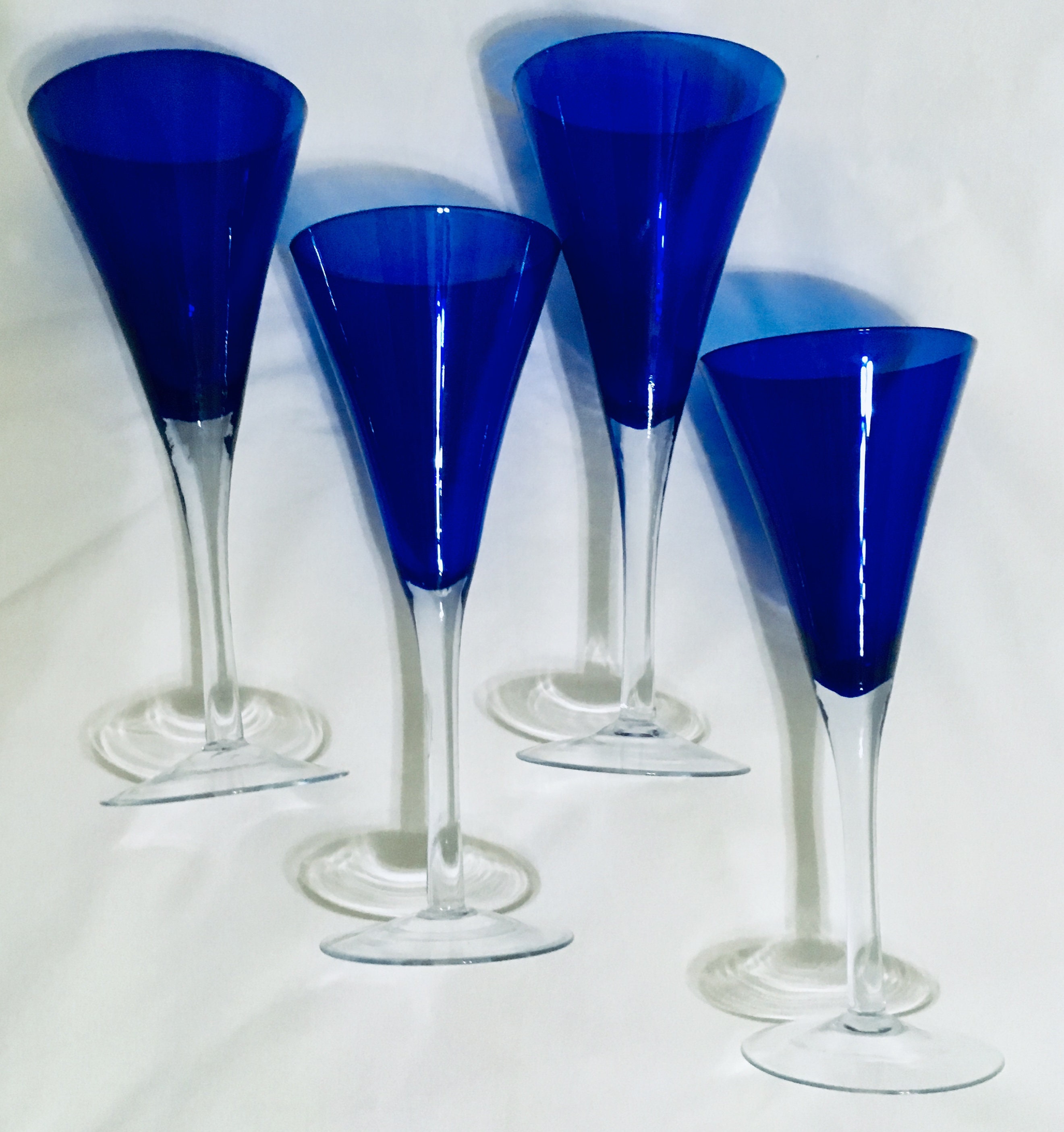 Cobalt Blue with Clear Glass Stem Champagne Flute, Wine Toasting Glass