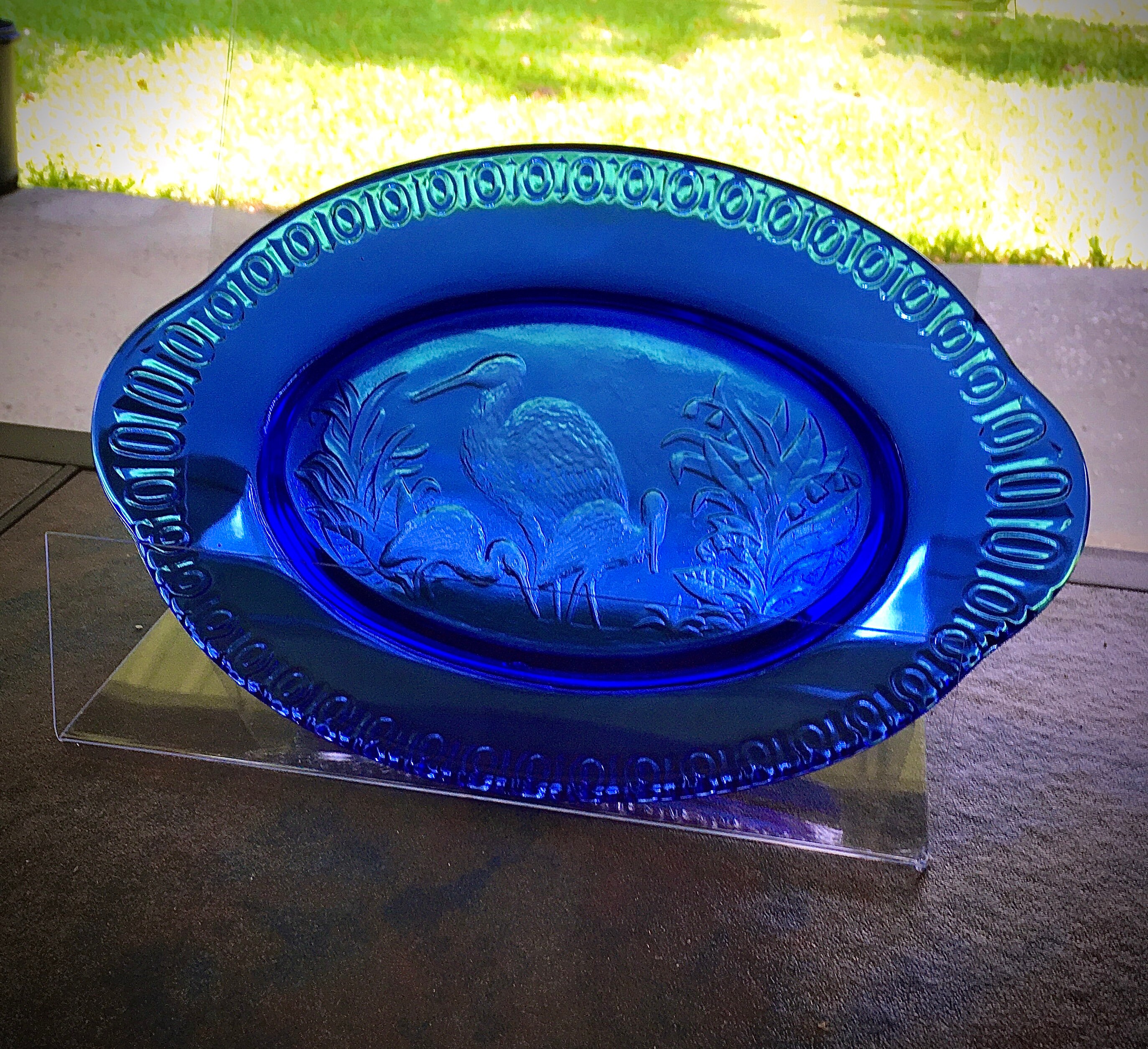 Vintage Stork, Heron, Crane Cobalt Blue Oval Serving Dish Frost/Matte