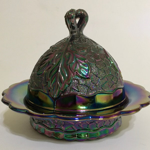 L G Wright Maple Leaf Round Carnival Glass Butter Dish
