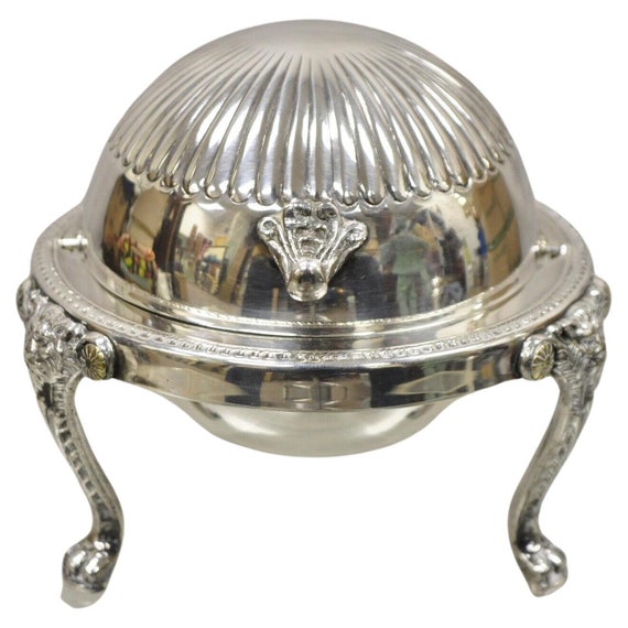 1883 FB Rogers Silver Co Silver Plate Lion Footed Roll Top Butter/Caviar Dish with Glass Insert