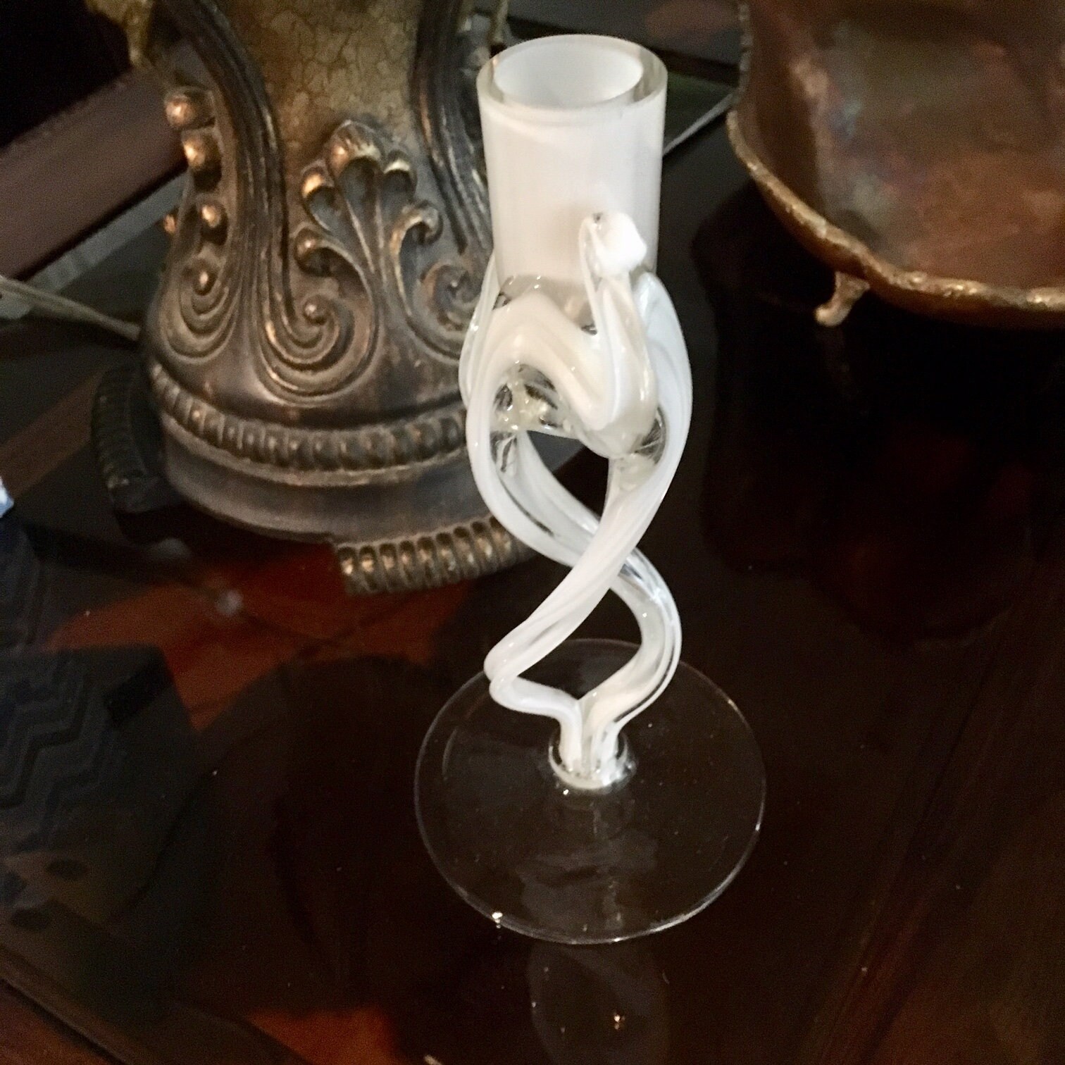 Alicja White and Clear Glass Candle Holder, Art Glass