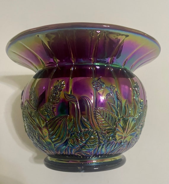 Fenton Carnival Glass Cuspidor Vase Amethyst Floral Flora