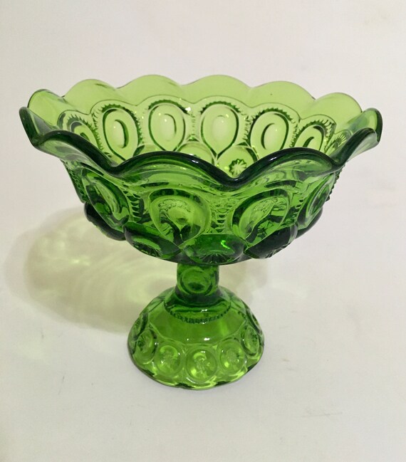 L.E. Smith Moon and Stars Green Compote 6 5/8"H x 8"W
