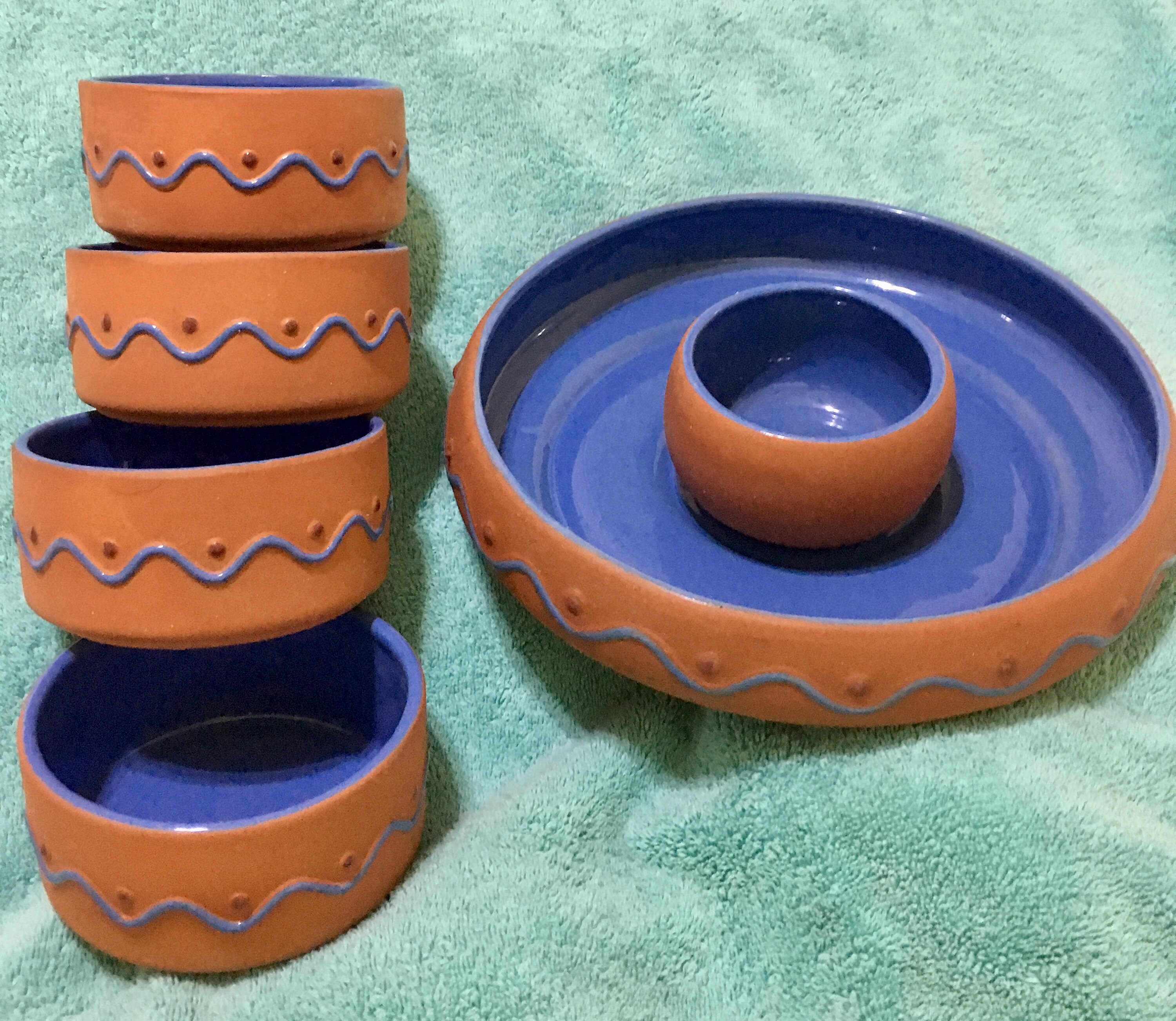 Blue and Terra Cotta Salsa and Dip Server with Four Matching Bowls