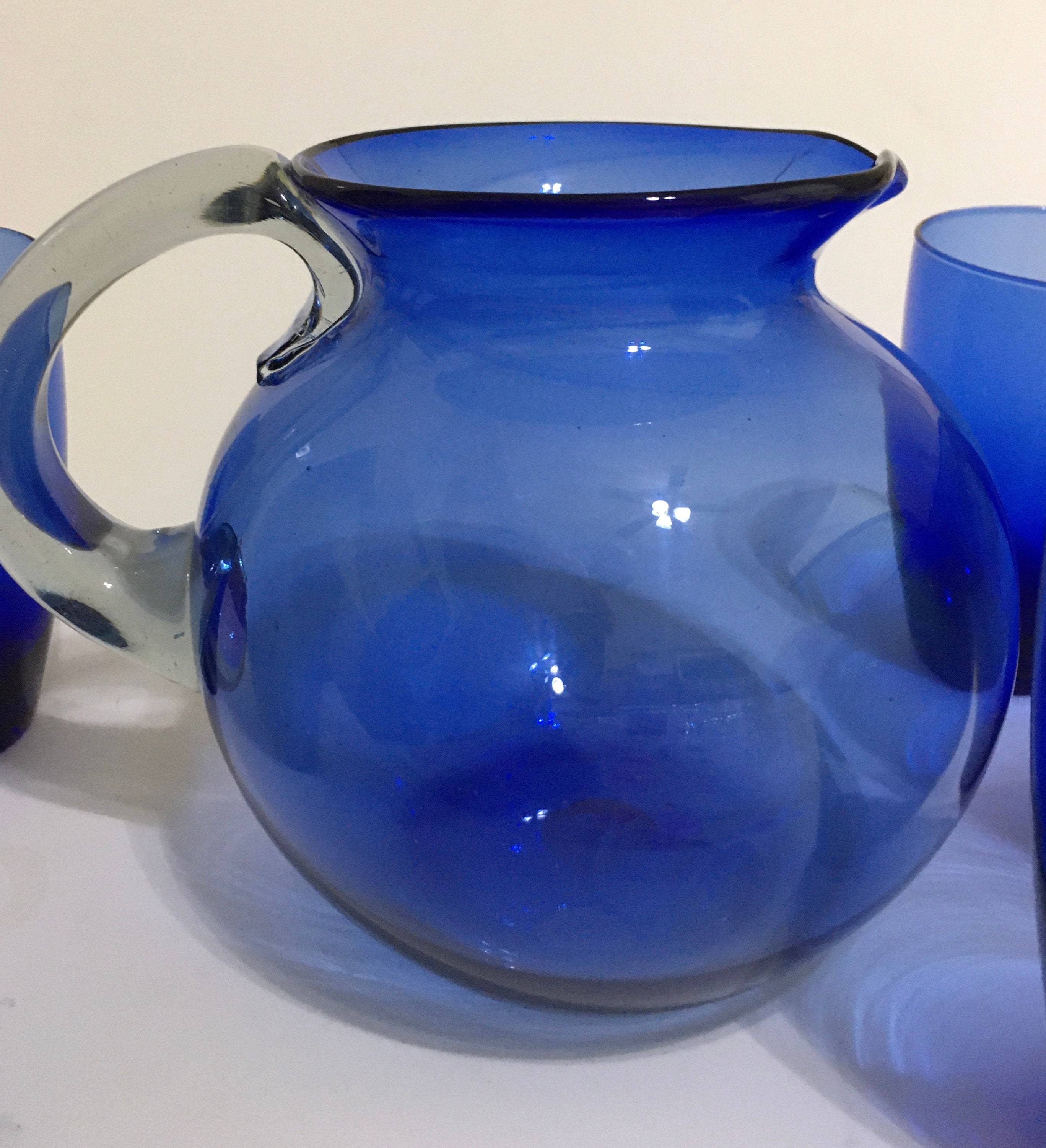 Vintage Cobalt Blue Glass Pitcher And 5 Glasses