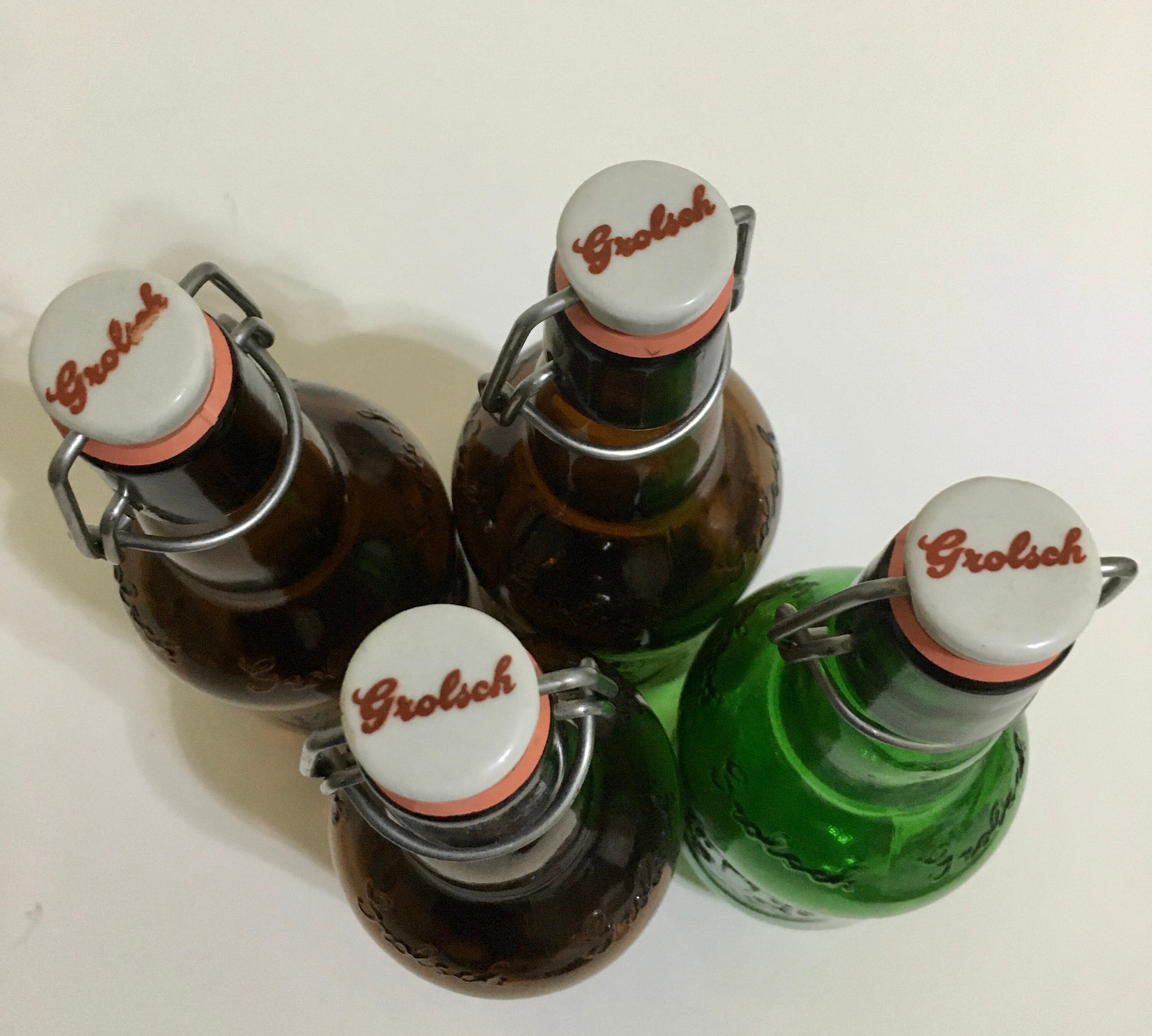 Vintage Grolsch Beer Bottles with Flip Top Lids 3 Brown and 1 Green