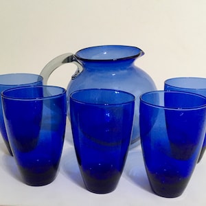 Vintage Cobalt Blue Glass Pitcher and 5 Glasses