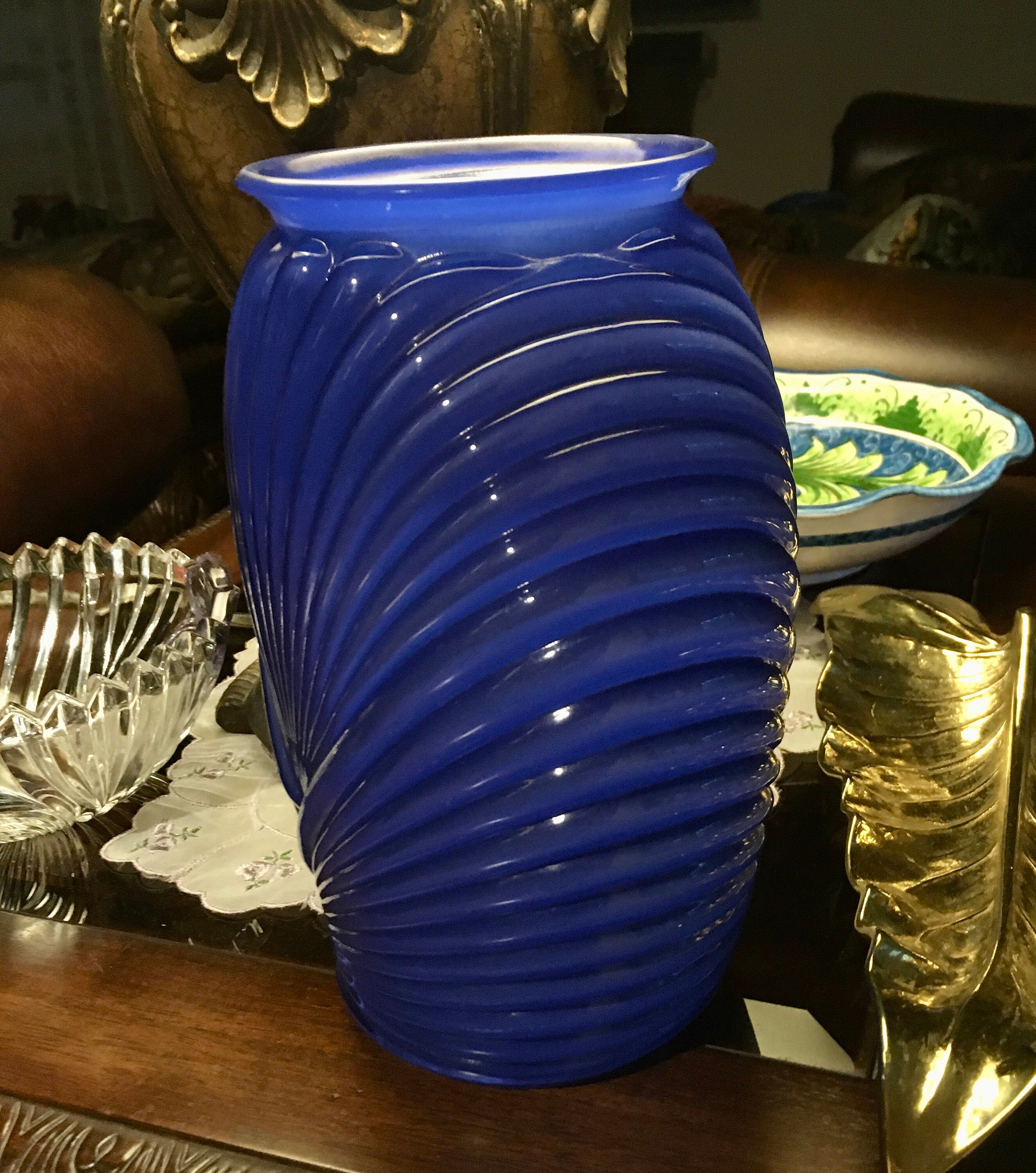 Glass Art Deco Vase with Ribbed/Pleated Drape Design 1930's, Royal Blue
