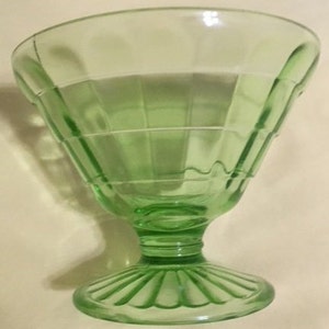 Hocking Glass Block Optic Vaseline Glass Sherbet, 1930&#39;s