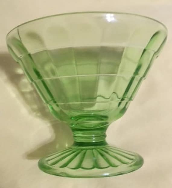 Hocking Glass Block Optic Vaseline Glass Sherbet, 1930's