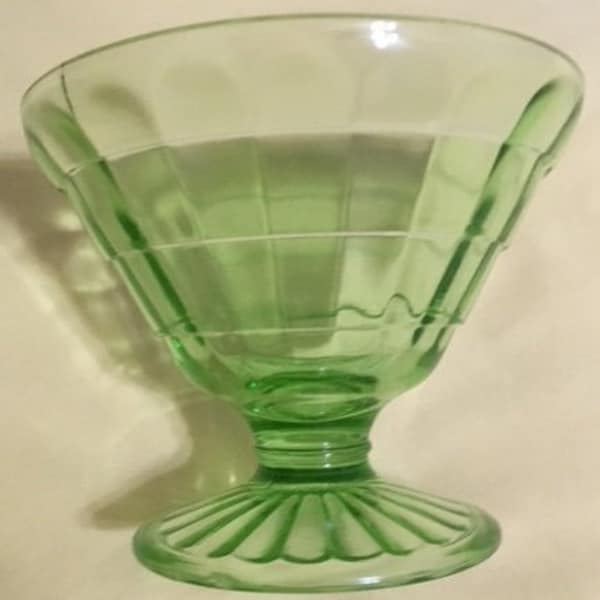 Hocking Glass Block Optic Vaseline Glass Sherbet, 1930's