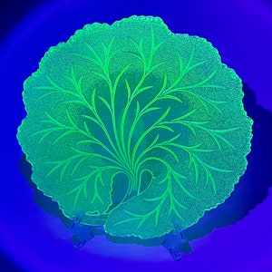 May include: A glowing green glass plate with a tree-like design. The plate has a textured surface and a scalloped edge. The tree design is in the center of the plate, with branches extending outwards. The plate is displayed on a clear stand against a blue background.