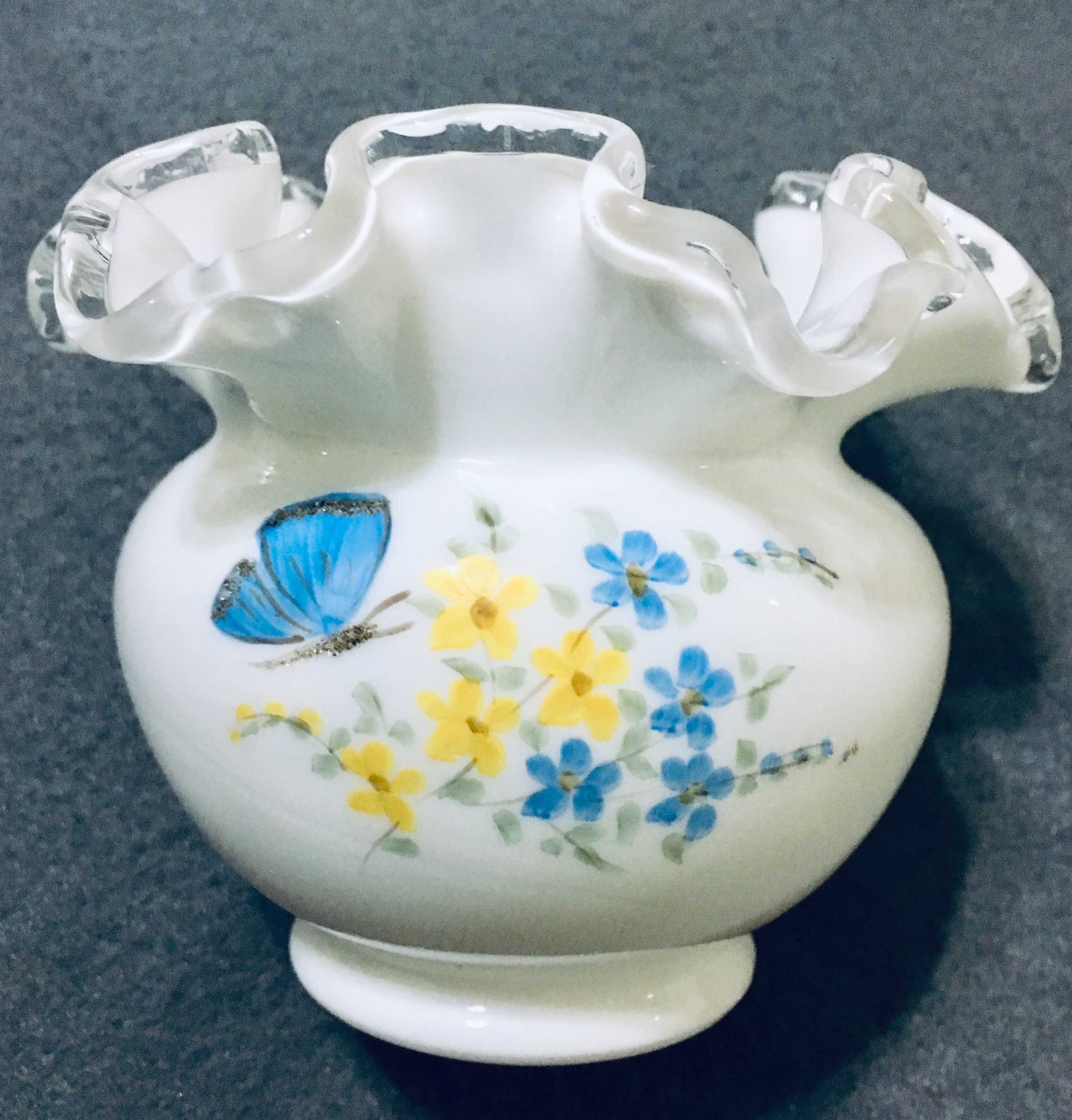 Fenton Hand Painted Glass Vase, Ruffled Top