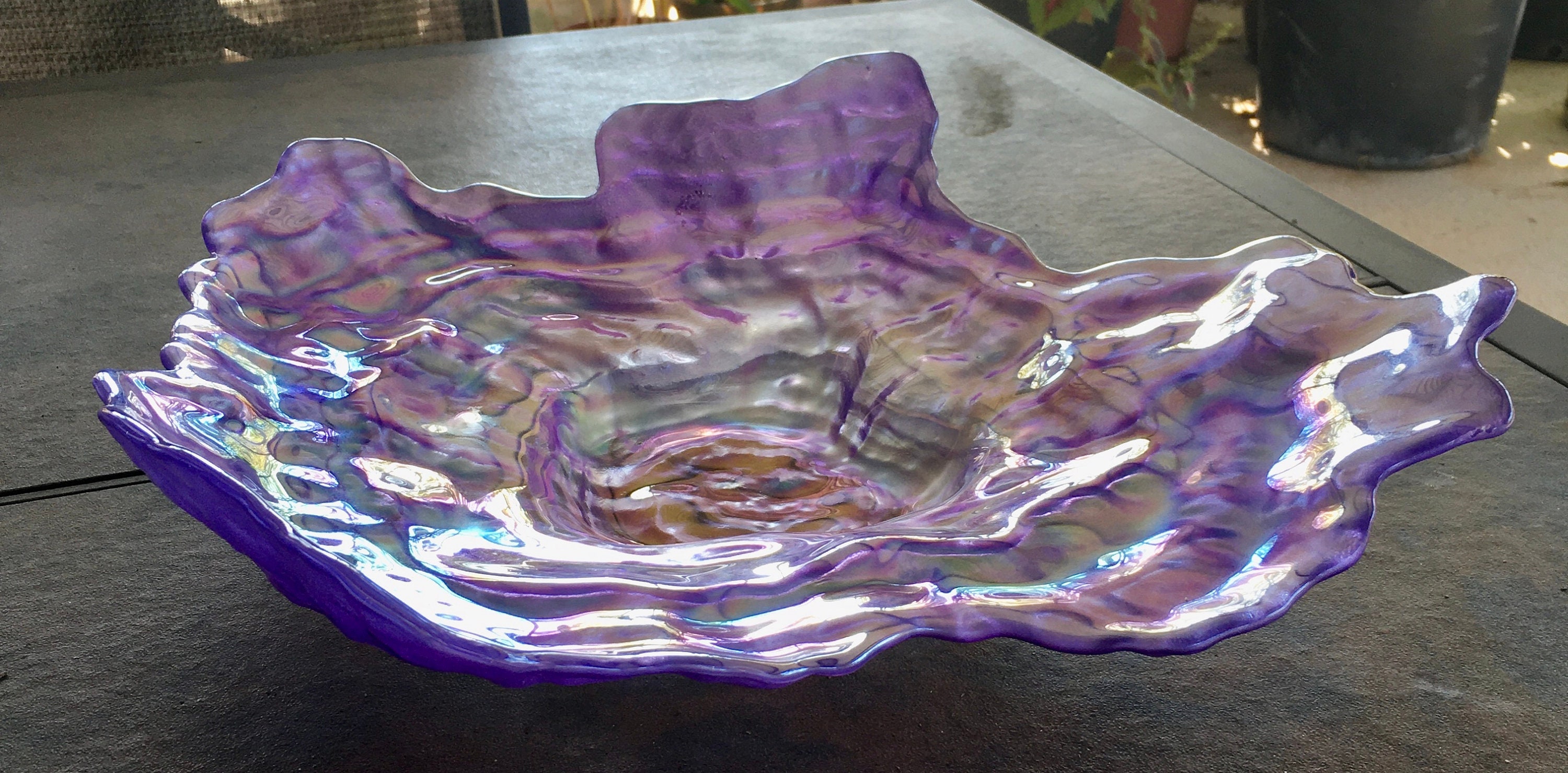 Turkish Art Glass Oyster Shell Purple Iridescent Glass Large 16.5x14