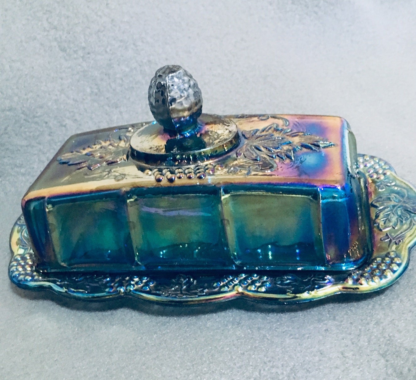 Vintage Indiana Glass Blue Harvest Grape Carnival Glass Butter Dish