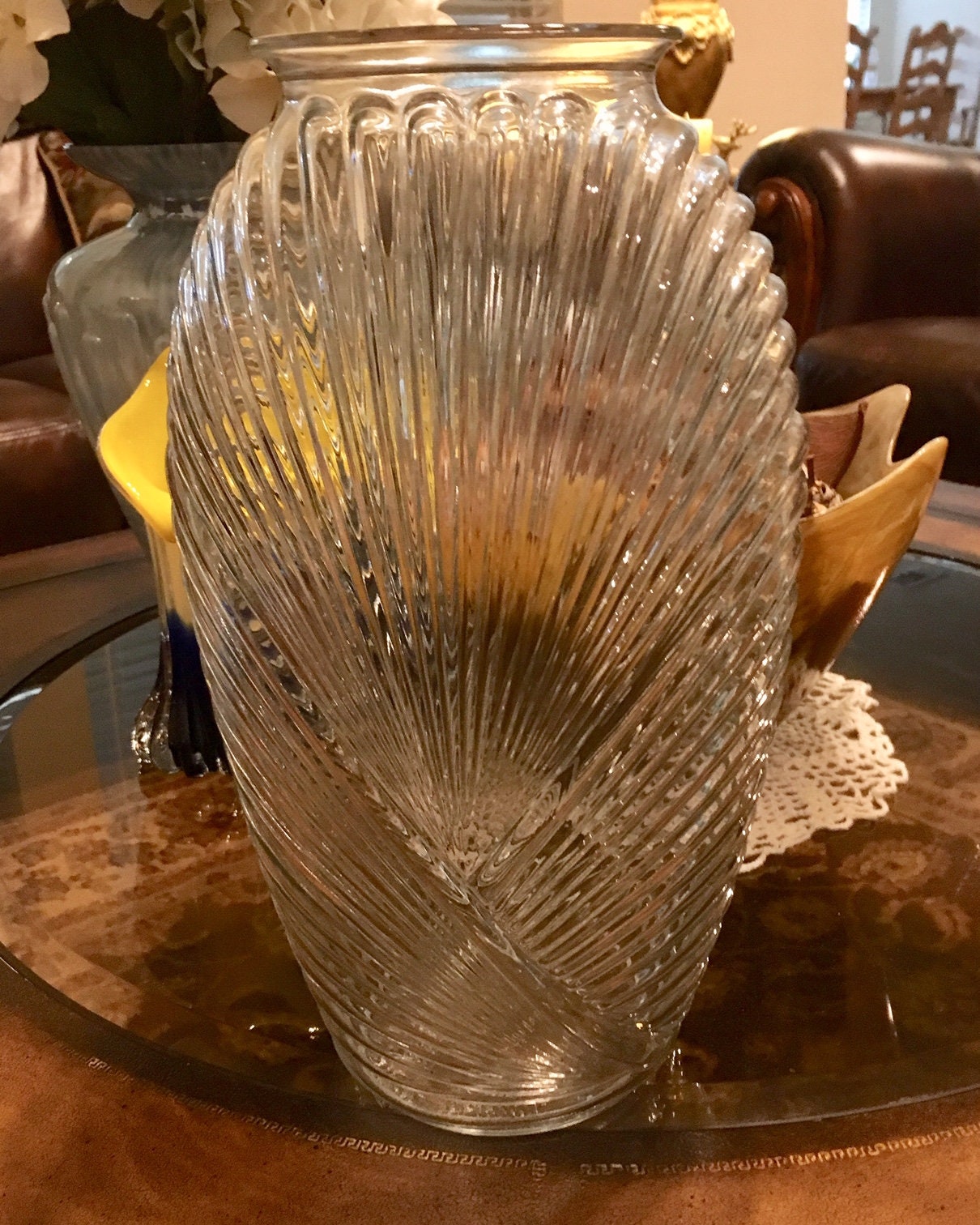 Glass Art Deco Vase with Ribbed/Pleated Drape Design 1930's, Clear