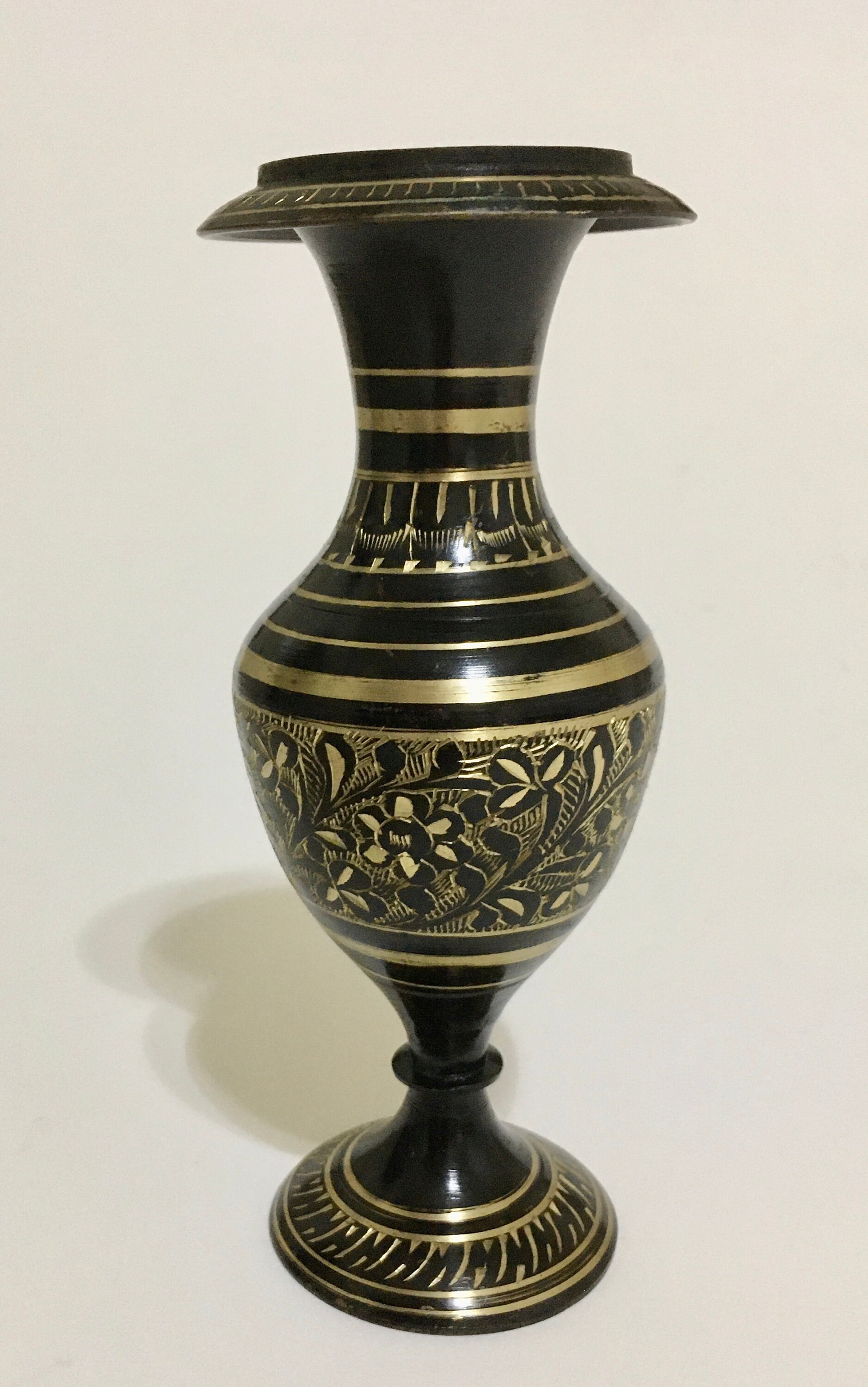 Vintage Etched Black Brass Vase 6 inch
